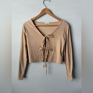 Neutral Tie Front Ribbed Crop Top Boho Festive Urban Rose Tan Ribbed Blouse